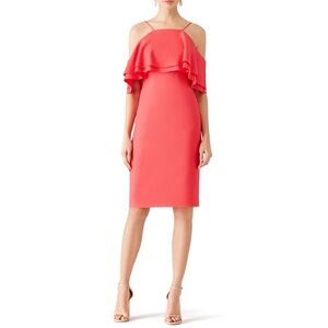 Badgley Mischka Hot Pink Off Shoulder Dress Halter Knee Length 8 Ruffle